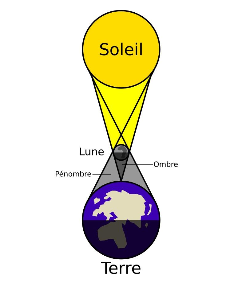 Schéma d’une éclipse solaire (échelles de tailles et de distances non respectées) © Wikimedia / lunity